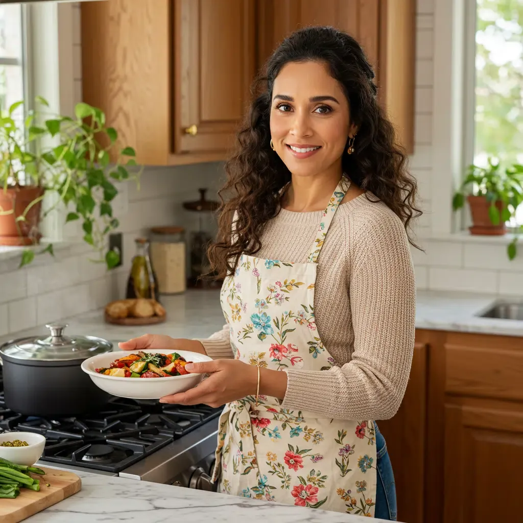 Lina smiling in her kitchen, holding a plate of freshly cooked vegetables.
