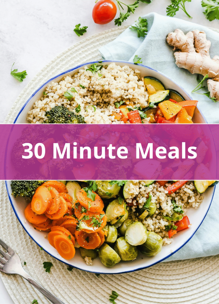 Colorful quinoa bowl with roasted vegetables, carrots, and herbs – quick 30-minute meal.
