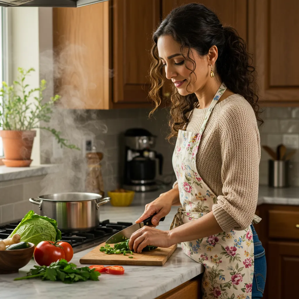Lina cooking in her kitchen, chopping fresh vegetables by a steaming pot.