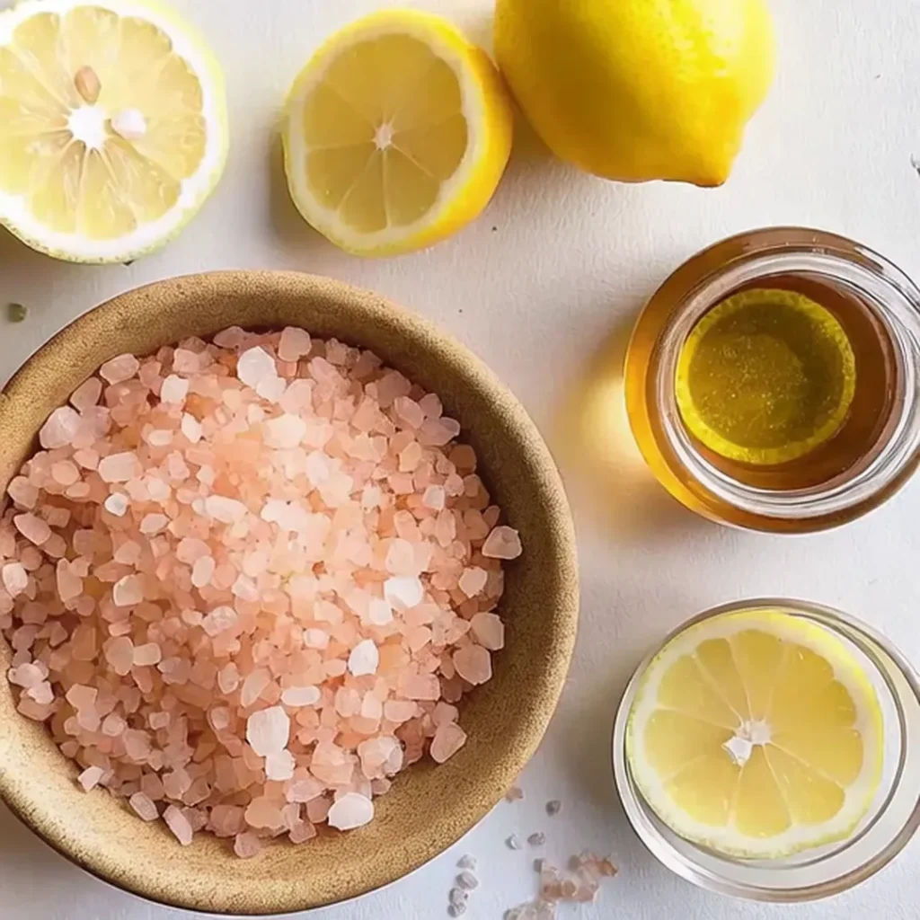 Close-up of pink Himalayan salt, fresh lemons, and raw honey for a homemade Mounjaro pink salt detox drink.