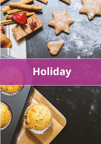 Homemade holiday cookies shaped like stars and hearts with cinnamon sticks and freshly baked muffins on a dark wooden table.