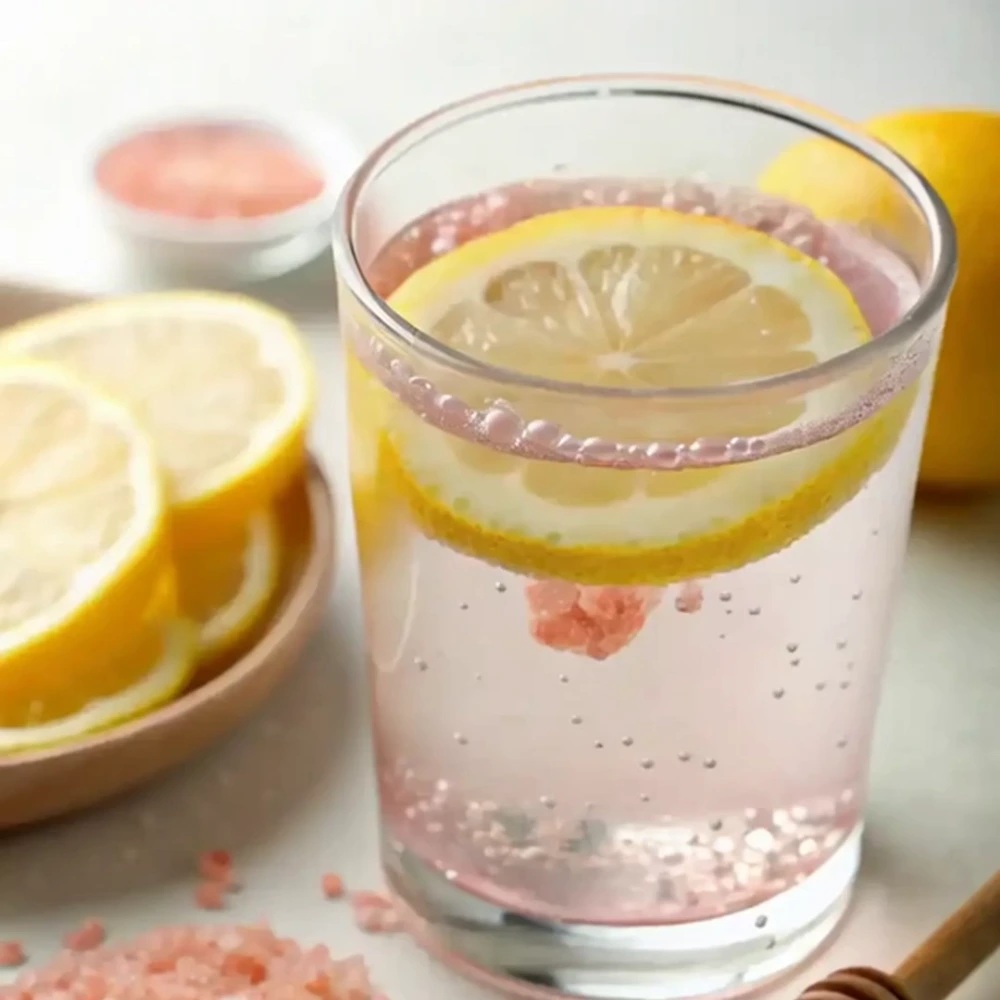 Japanese pink salt for wheight loss detox drink with lemon and honey, natural hydration and energy-boosting wellness beverage.