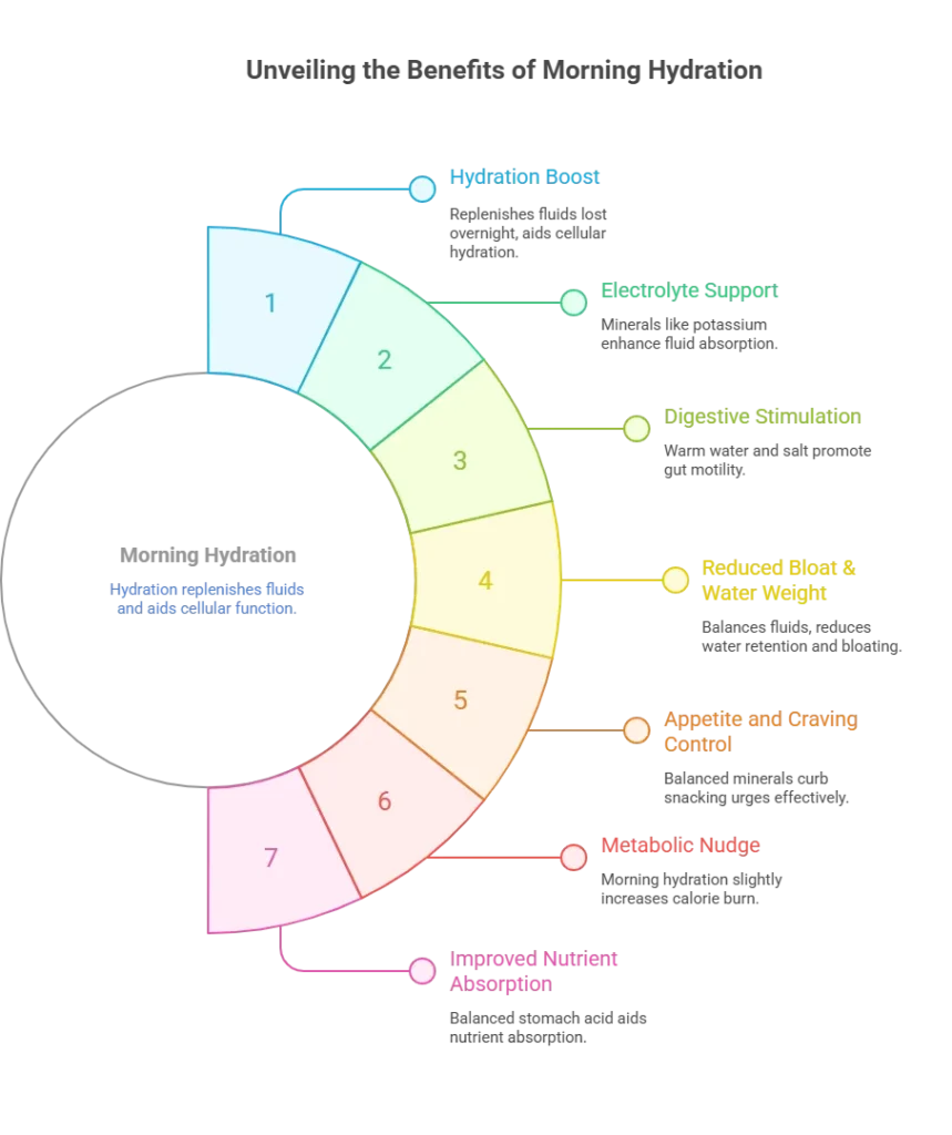 Infographic showing the benefits of morning hydration with a  Japanese pink salt recipe for weight loss, including electrolyte support, reduced bloating, and improved nutrient absorption.