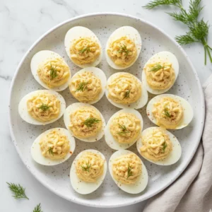 Perfect deviled egg recipe arranged on a white plate, topped with dill and paprika for garnish — creamy, tangy, and ready to serve.