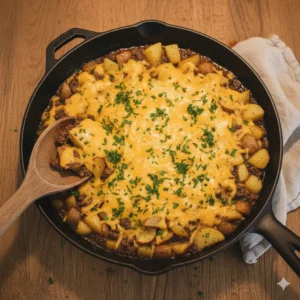 Cheesy ground beef potato casserole in a skillet topped with melted cheddar and parsley on a rustic table.