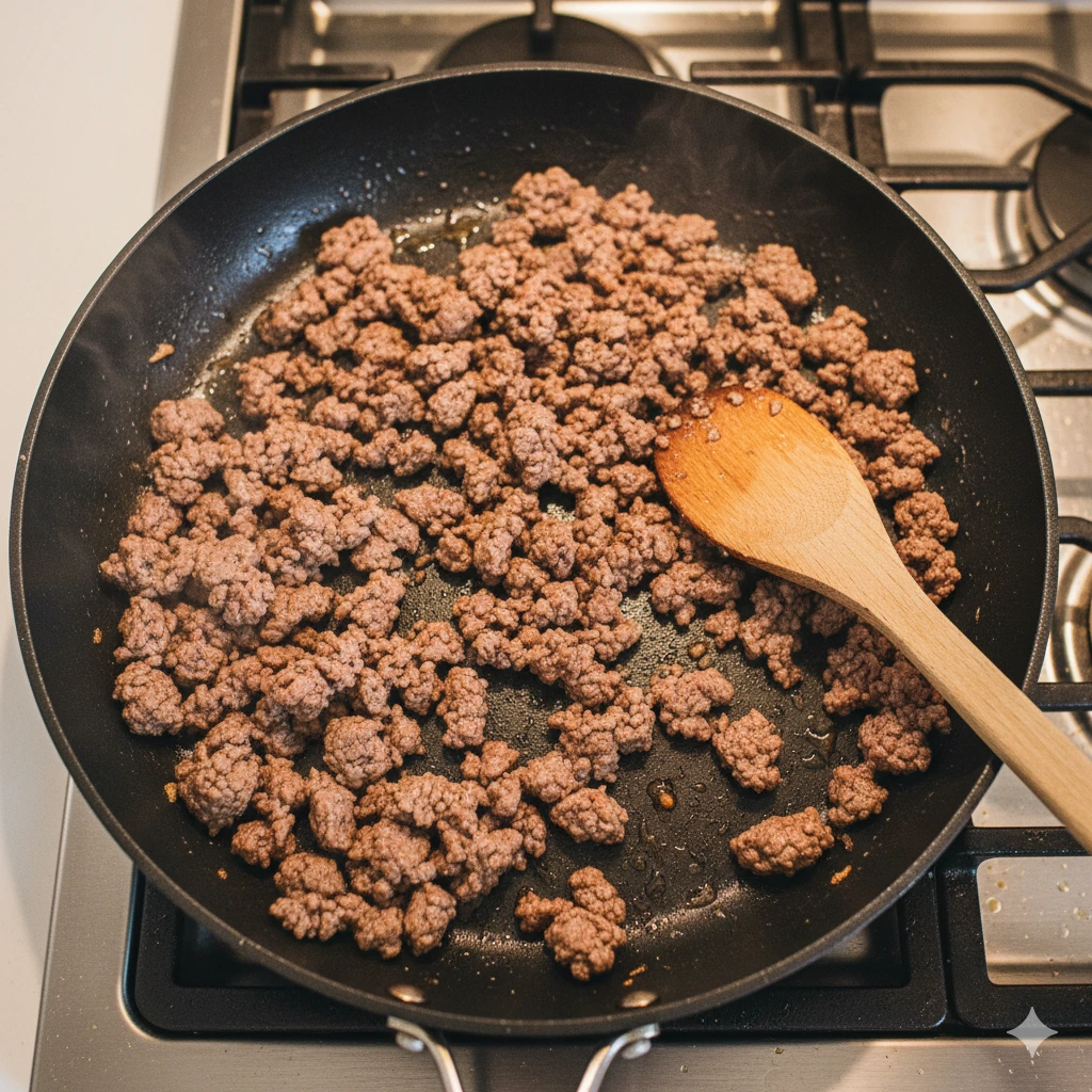 Ground beef browning in a skillet with a wooden spoon stirring the meat.