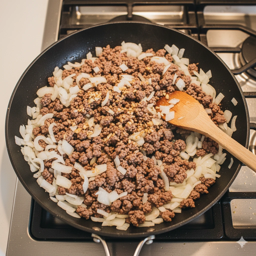 Chopped onion and garlic cooking with browned ground beef in a skillet.