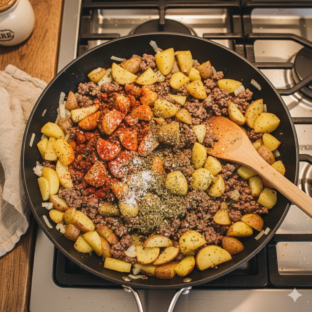 Diced potatoes mixed with cooked ground beef and paprika in a skillet.