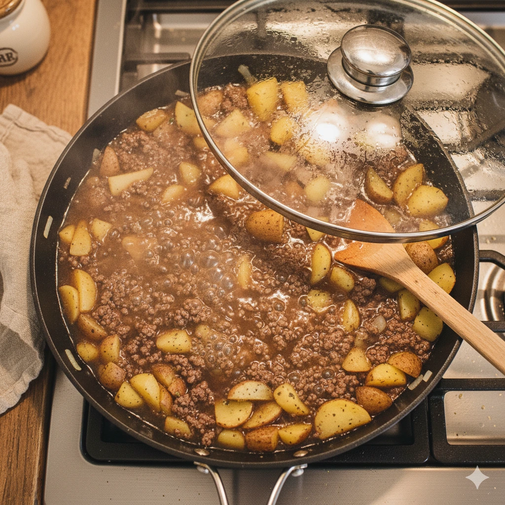 Ground beef and potatoes simmering in beef broth in a covered skillet.