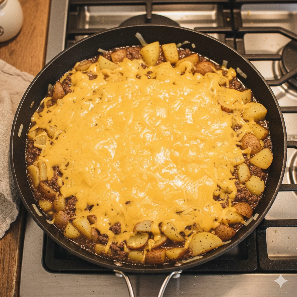 Shredded cheddar melting over beef and potatoes in a skillet.