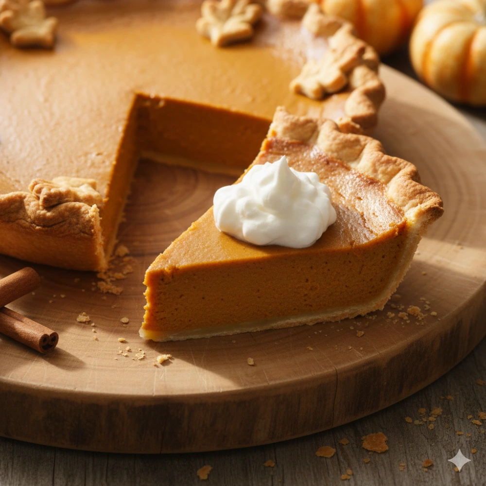 Easy Pumpkin Pie Crust Recipe – Slice with Whipped Cream Slice of pie from an easy pumpkin pie crust recipe, topped with whipped cream on a wooden board