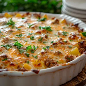 Cheesy hamburger potato casserole baked in a white ceramic dish, topped with melted cheddar and parsley.