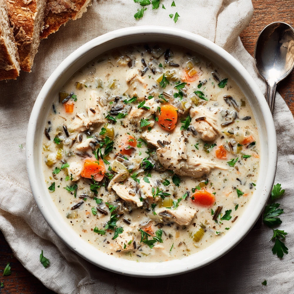 Creamy crockpot chicken and wild rice soup topped with parsley in a white bowl.