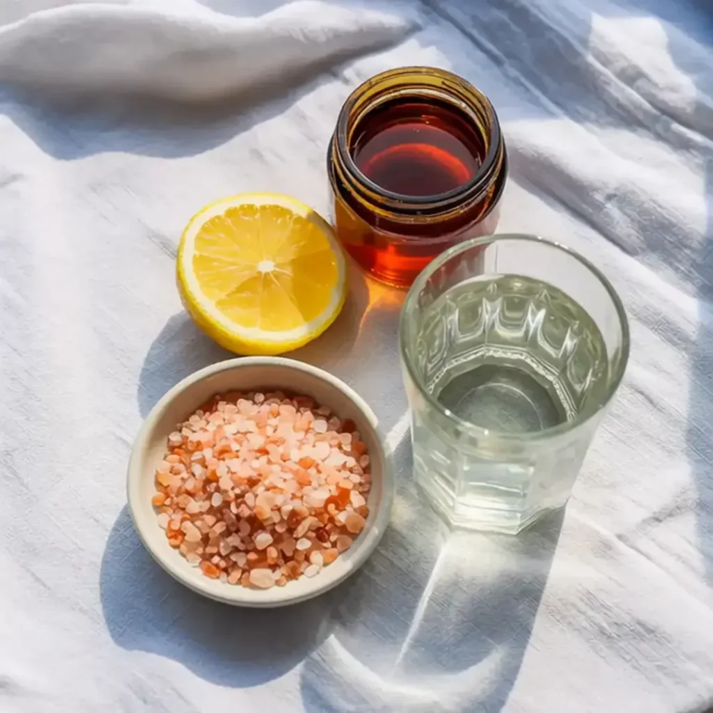 Japanese pink salt for weight loss with lemon, honey, and water , natural detox drink ingredients for hydration and wellness.