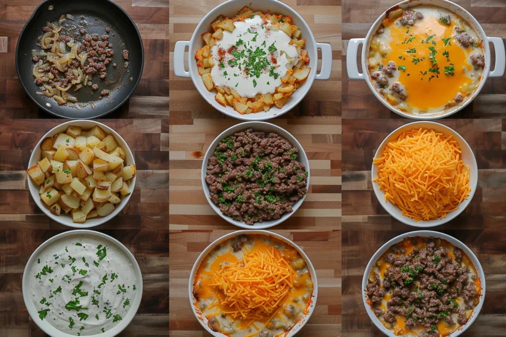 Step-by-step photos showing how to make a cheesy ground beef and potato casserole with cooked potatoes, browned beef, creamy sauce, and shredded cheddar cheese.