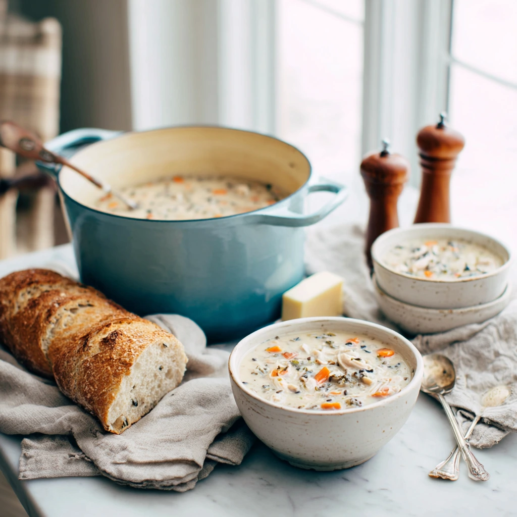 Crockpot chicken and wild rice soup, creamy and hearty with carrots and celery, garnished with parsley in a white bowl.