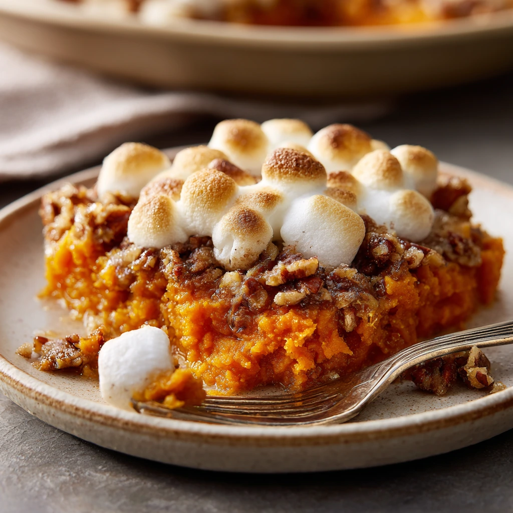A plated serving of sweet potato casserole with golden marshmallows and pecan topping on a ceramic plate