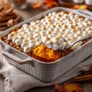Baked sweet potato casserole topped with golden marshmallows and pecan crumble in a white baking dish