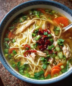 Aromatic ginger garlic chicken noodle soup in a bowl garnished with herbs.
