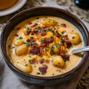 Bacon cheddar gnocchi soup in a bowl, garnished with herbs and cheese.