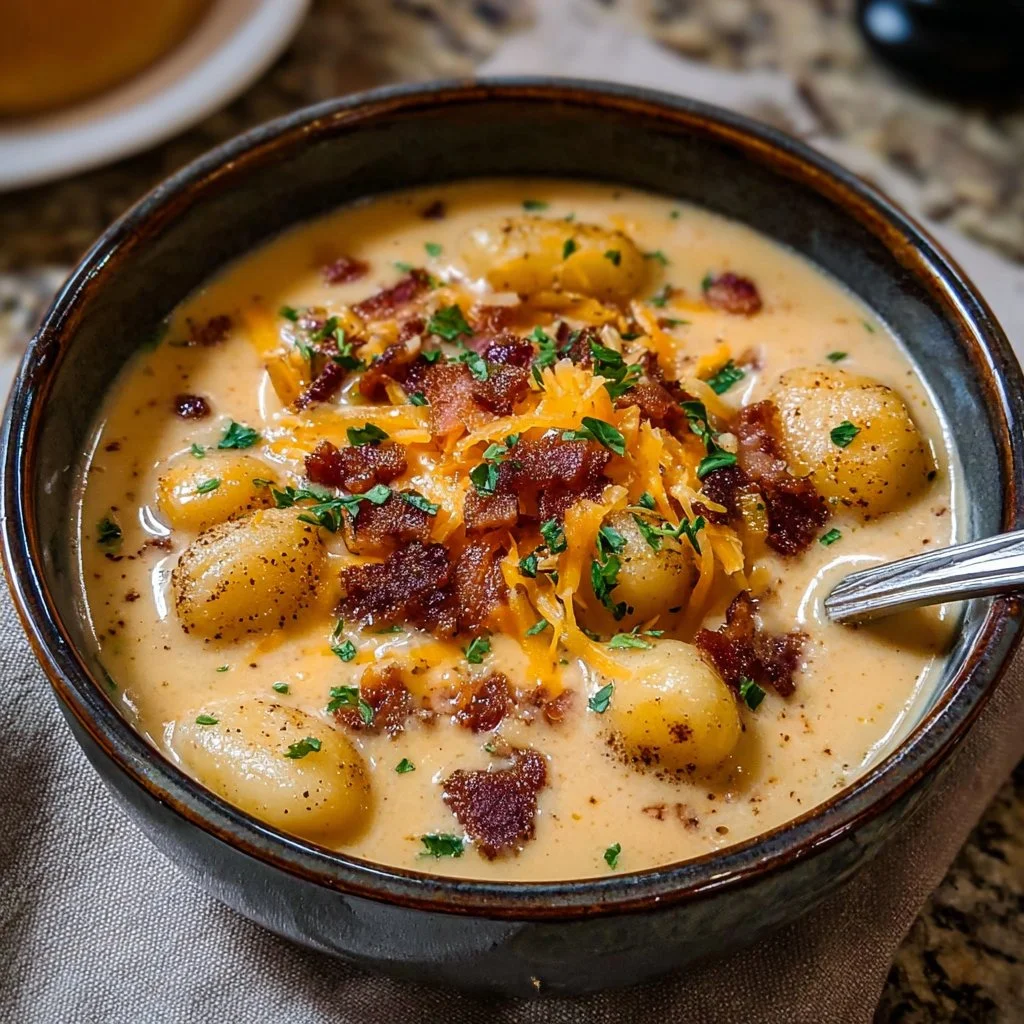 Bacon cheddar gnocchi soup in a bowl, garnished with herbs and cheese.