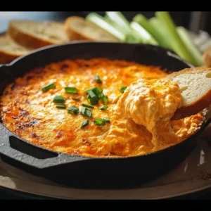 Creamy and spicy Buffalo chicken dip served in a bowl with tortilla chips