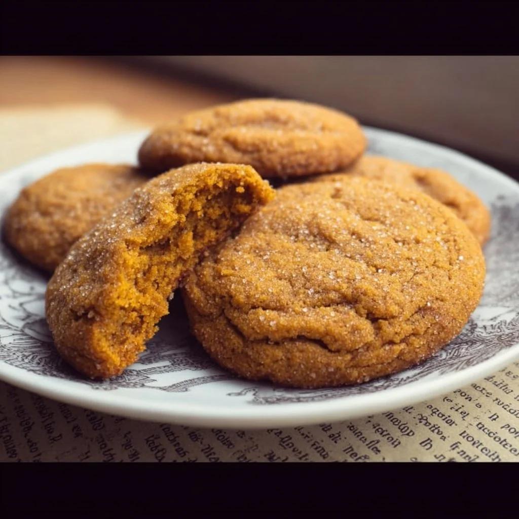 Chewy pumpkin cookies with spices and chocolate chips on a wooden table