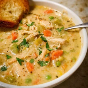 Delicious bowl of Chicken Pot Pie Soup with vegetables and chicken