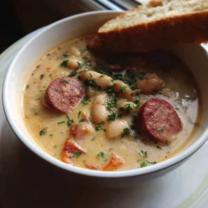 Delicious creamy bean soup with kielbasa served in a cozy bowl.