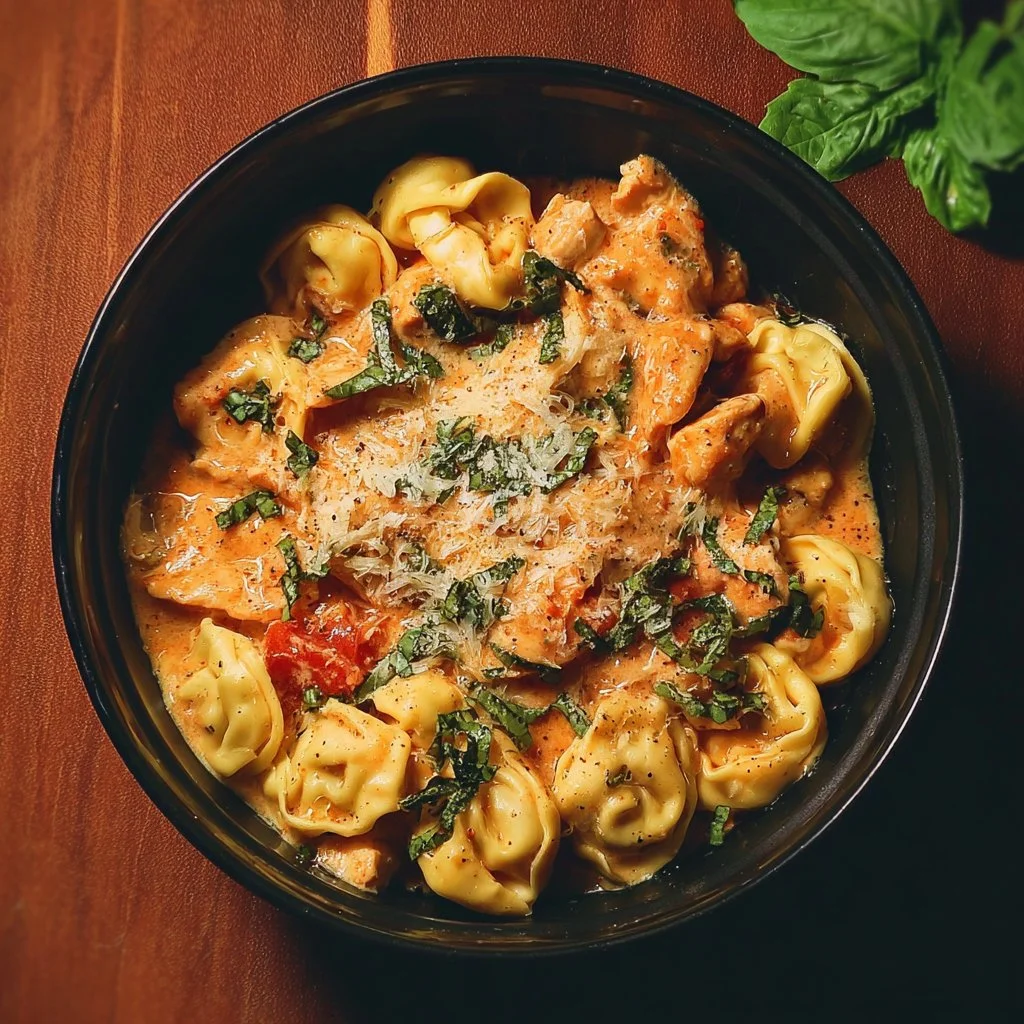 CrockPot Chicken Tortellini dish served in a bowl with fresh herbs