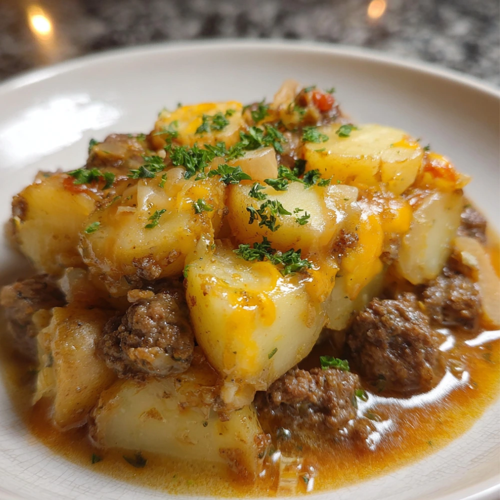 Delicious Crockpot Hamburger Potato Casserole topped with cheese and herbs.