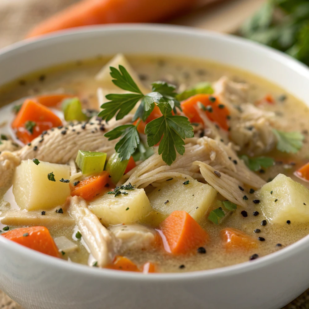 High protein chicken pot pie soup with vegetables and herbs in a bowl
