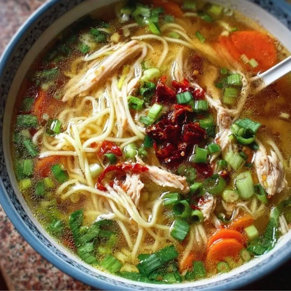 Aromatic ginger garlic chicken noodle soup in a bowl garnished with herbs.