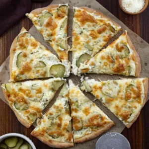 sliced pickle pizza topped with cheese and pickles, served with grated Parmesan and extra pickles on the side.