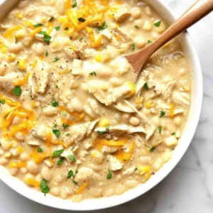 Healthy white chicken chili bowl with garnishes and toppings
