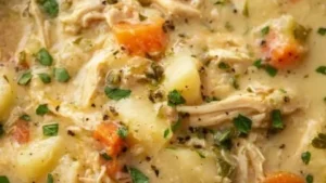 High protein chicken pot pie soup with vegetables and herbs in a bowl