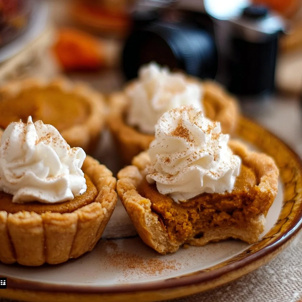 Delicious mini pumpkin pies on a rustic table, ideal for fall desserts