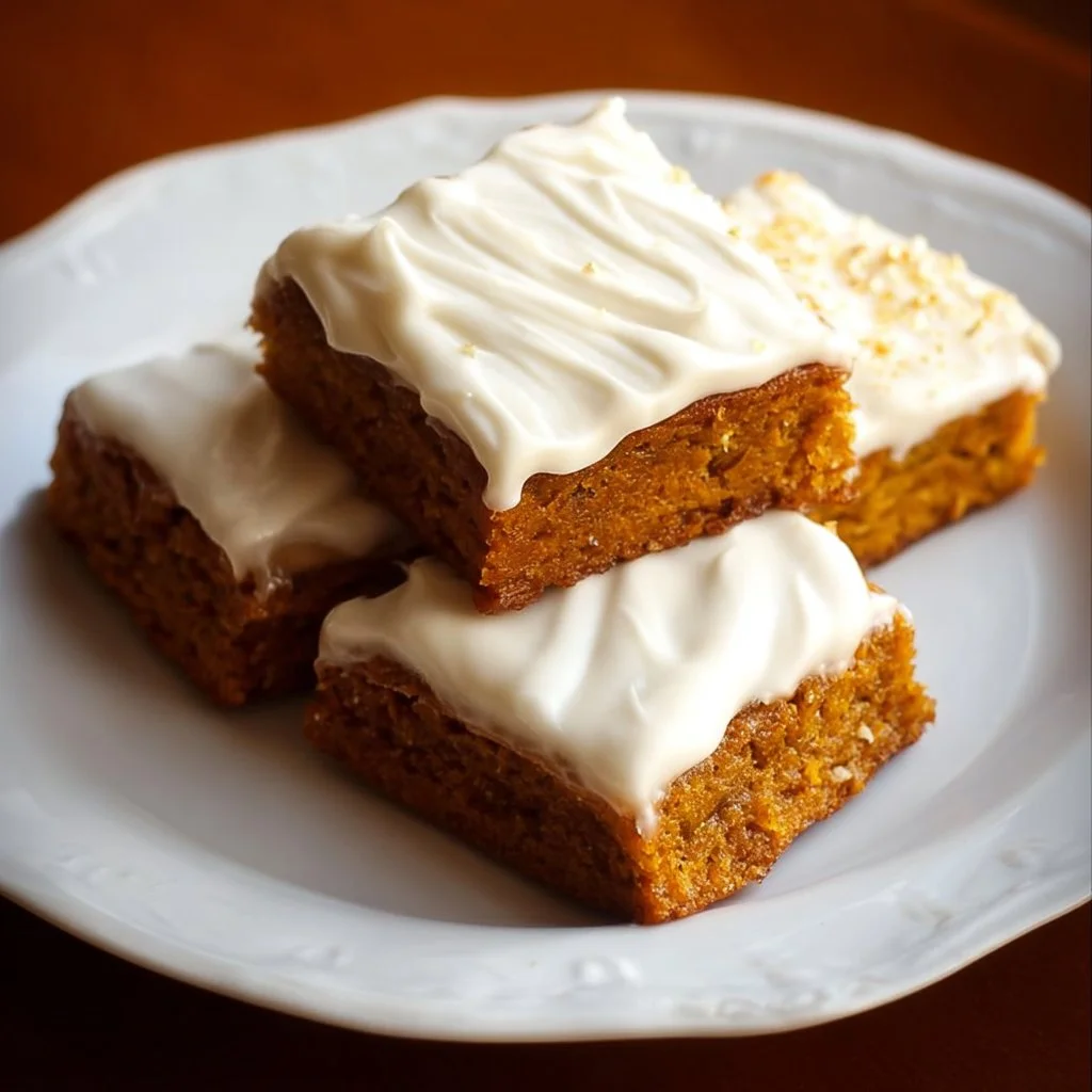 Delicious pumpkin bars with creamy cream cheese frosting on a rustic backdrop