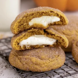 Delicious Pumpkin Cheesecake Cookies with creamy filling and pumpkin spice