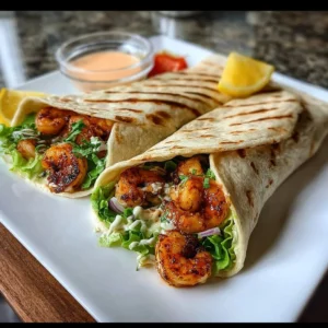Shrimp wraps served with chipotle yogurt sauce on a plate