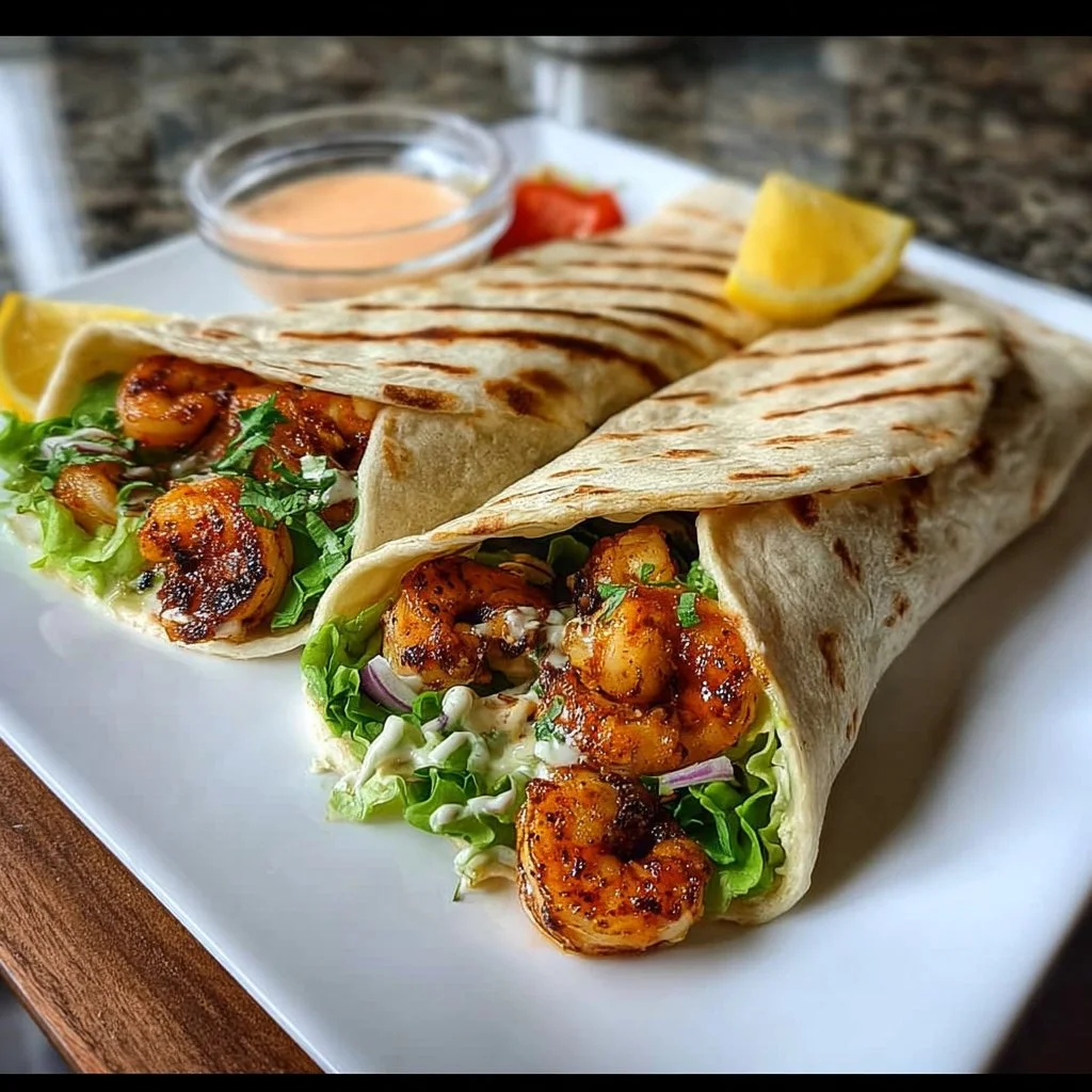 Shrimp wraps served with chipotle yogurt sauce on a plate