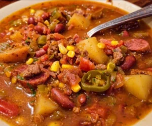 A bowl of hearty Texas Cowboy Stew with beans, beef, and vegetables.