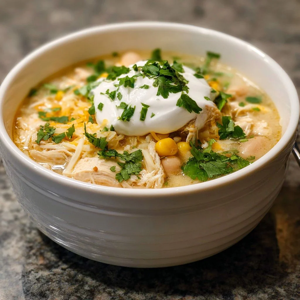 Delicious crockpot white chicken chili topped with cream cheese