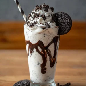 Delicious OREO milkshake topped with whipped cream and chocolate drizzle