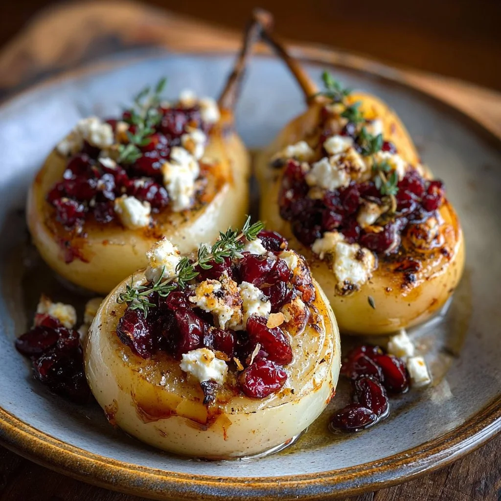 Baked pears with feta cheese, honey drizzle, and cranberries on a white plate