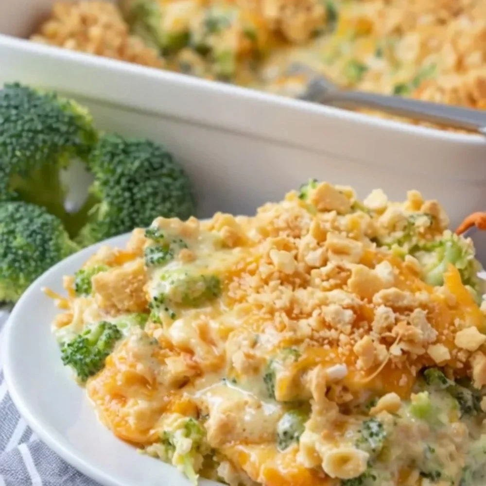 Delicious broccoli cheese casserole topped with melted cheese and breadcrumbs