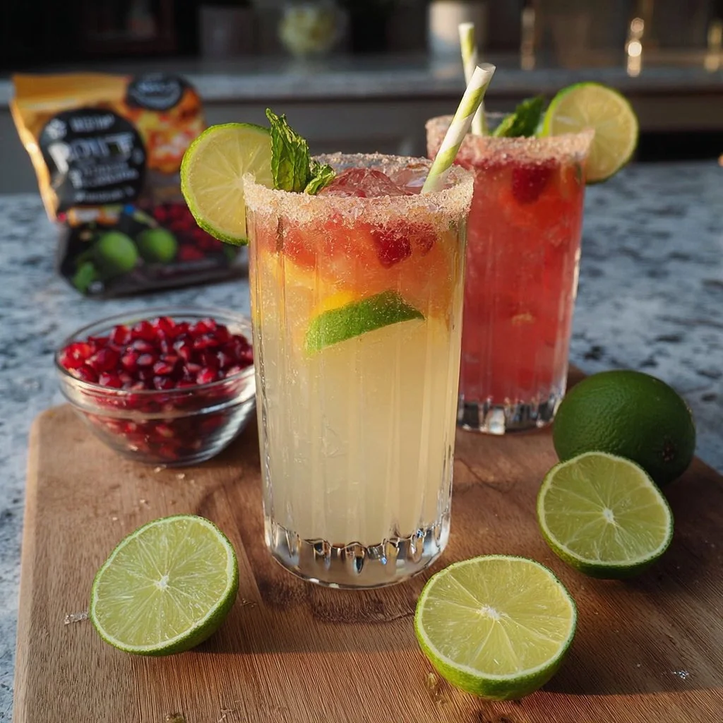 Citrus Margarita served with vibrant Pomegranate Mint Raspberry Spritz