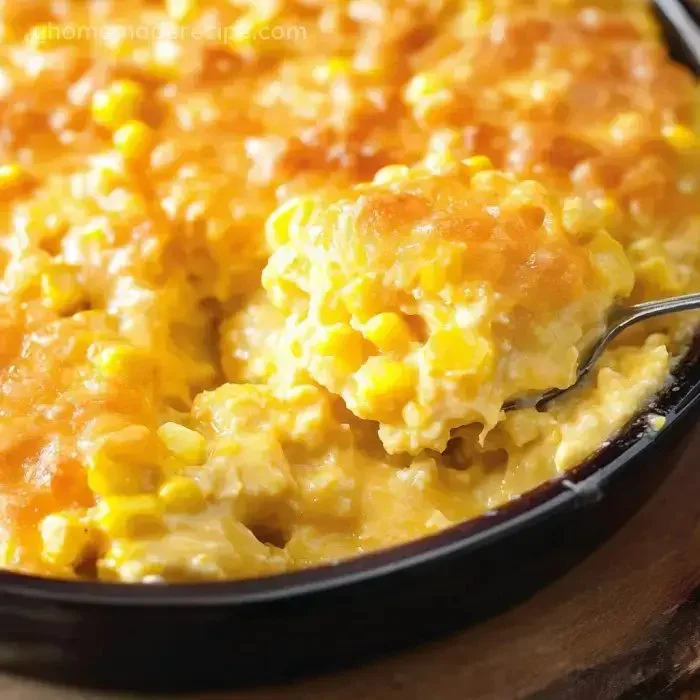 Classic creamy corn casserole dish served as a comfort side dish