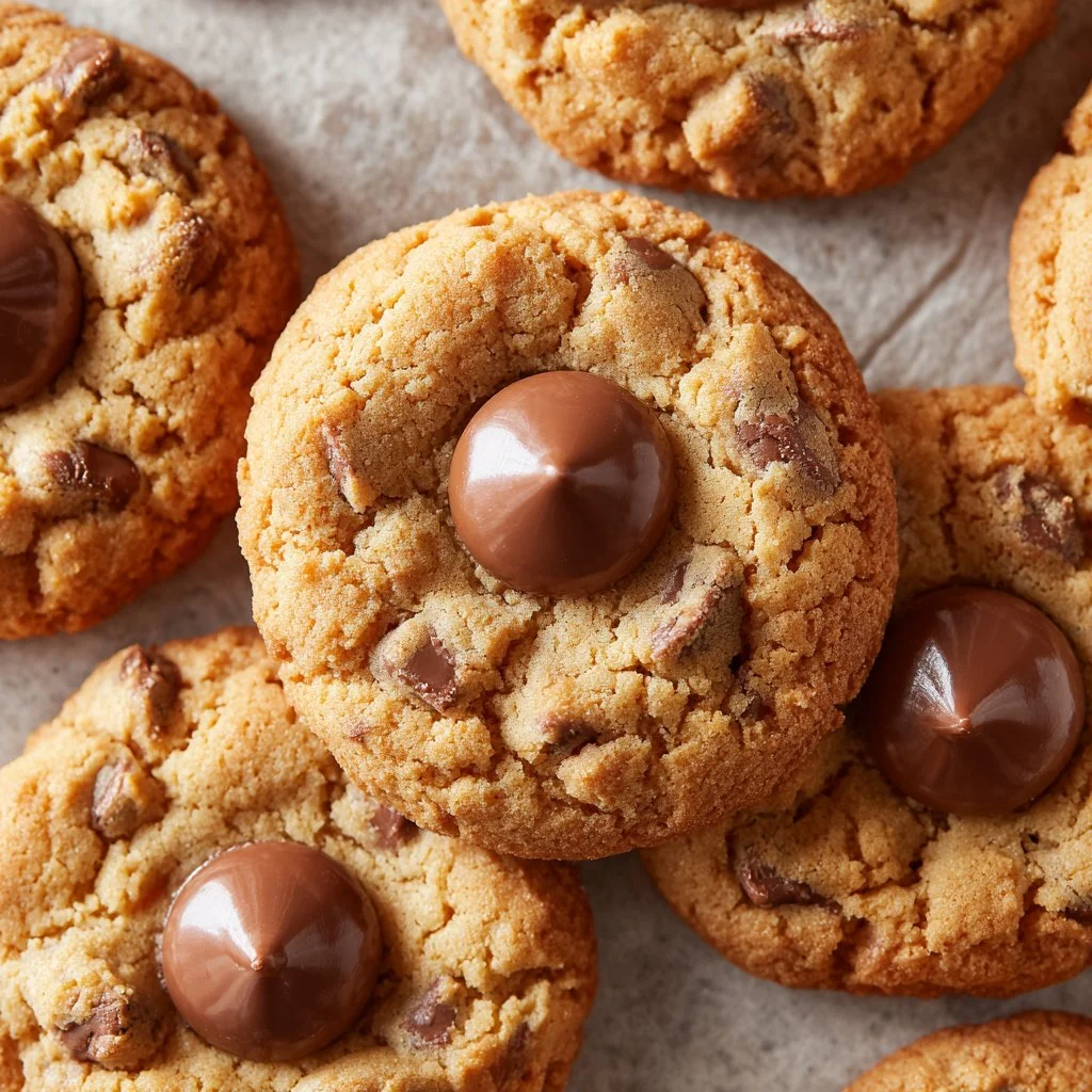 Delicious Peanut Butter Blossoms cookies with chocolate kisses on top
