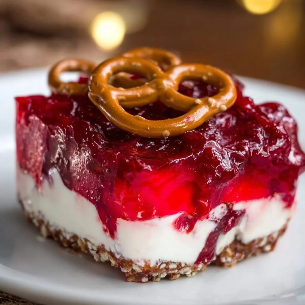 Delicious Cranberry Pretzel Salad with layers of sweet cream and crunchy pretzels
